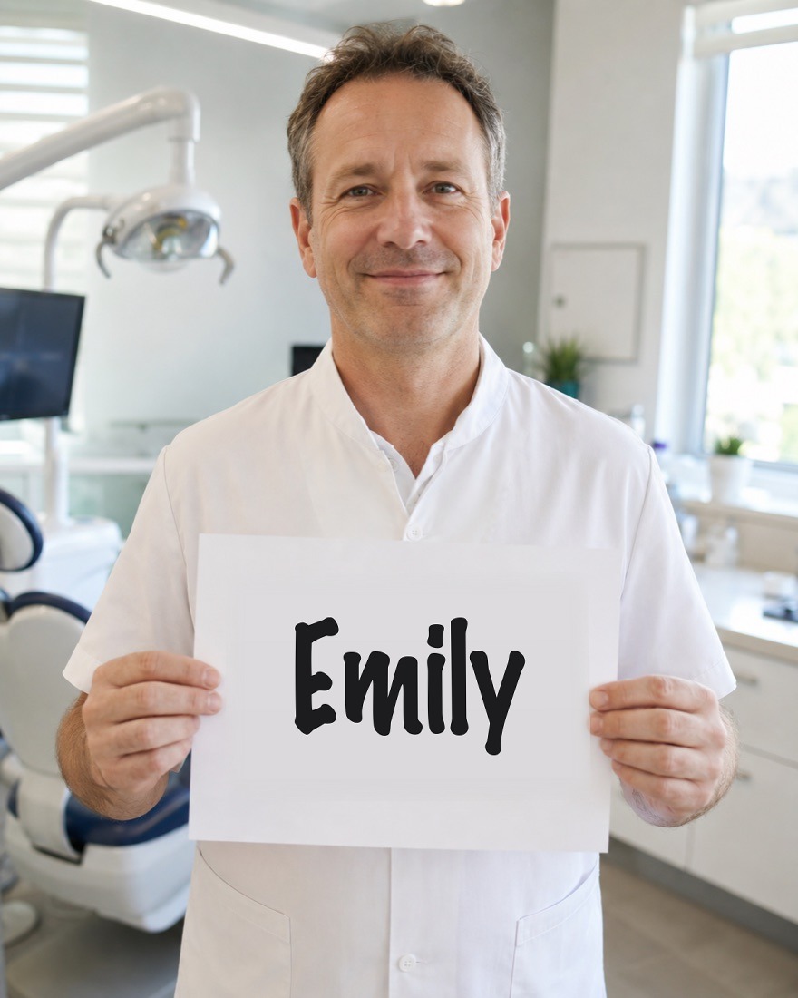 A Dentist owner holding a customer's name on a sign