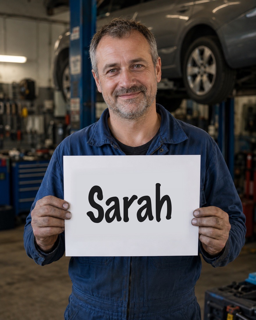 A Auto repair owner holding a customer's name on a sign