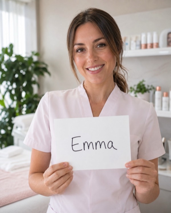 A Massage & spa owner holding a customer's name on a sign