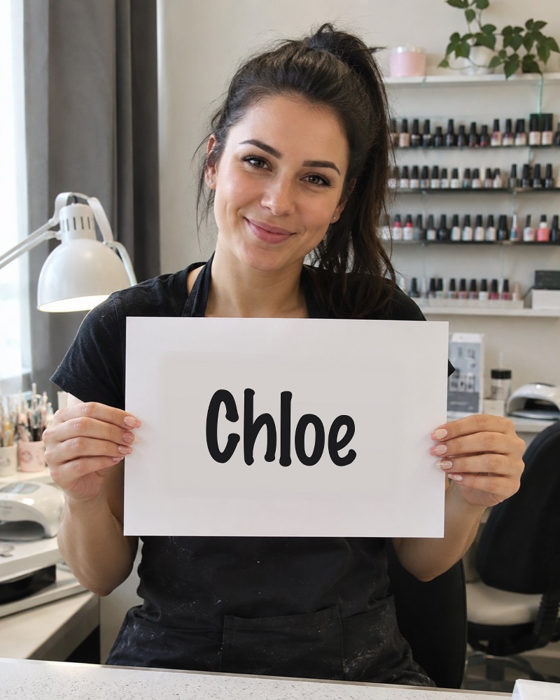 A Nail salon owner holding a customer's name on a sign