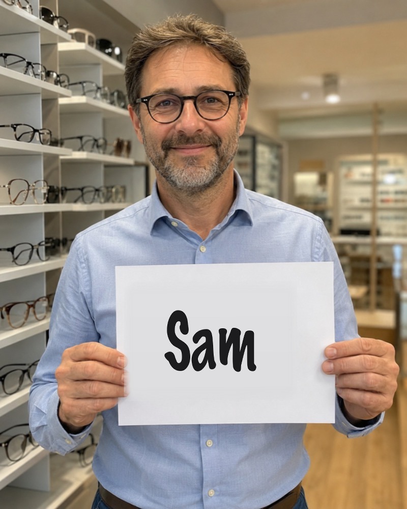 A Optician owner holding a customer's name on a sign