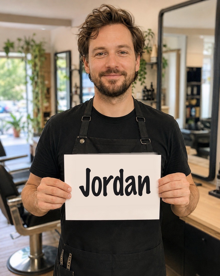 A Hair salon owner holding a customer's name on a sign