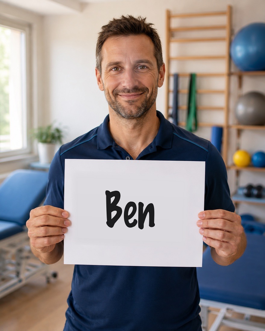 A Physical therapy owner holding a customer's name on a sign